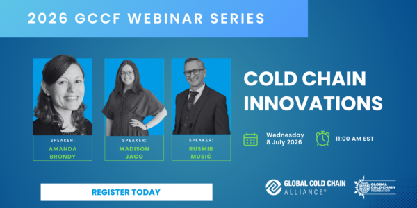 Promotional banner for the GCCA and IFC webinar: Cold Chain Innovations on July 8, 2026. Features the logos of the Global Cold Chain Alliance and the International Finance Corporation over a background of a modern refrigerated warehouse.