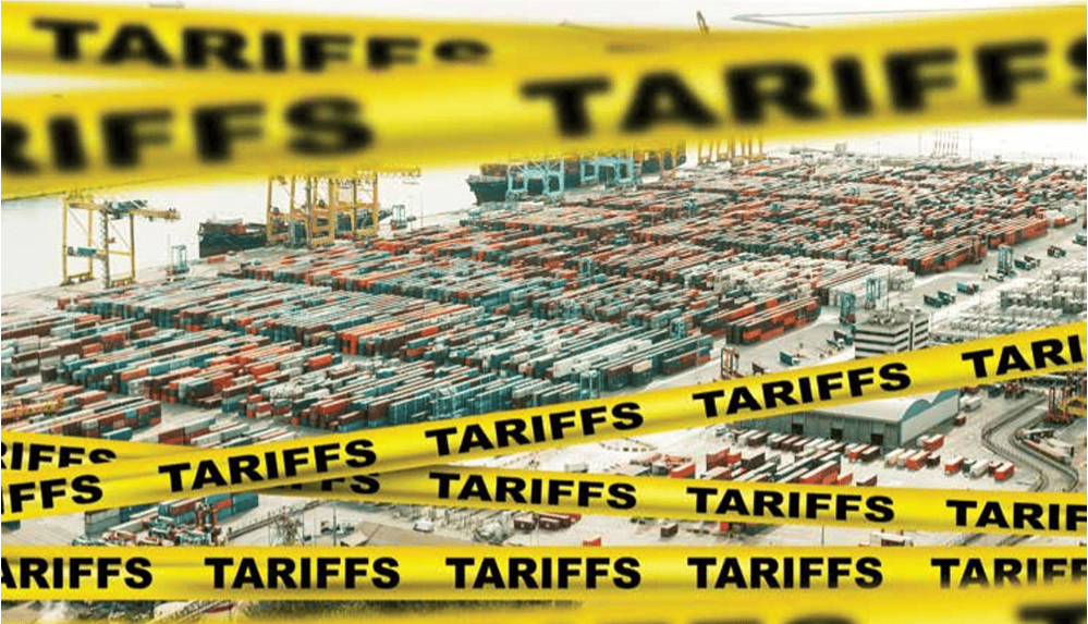 A wide shot of cargo containers stacked at the Port of Los Angeles, illustrating the impact of tariffs on US ports