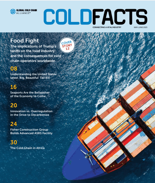 Cover of the May-June 2025 issue of COLD FACTS Magazine, illustrating the impact of tariffs on the food industry