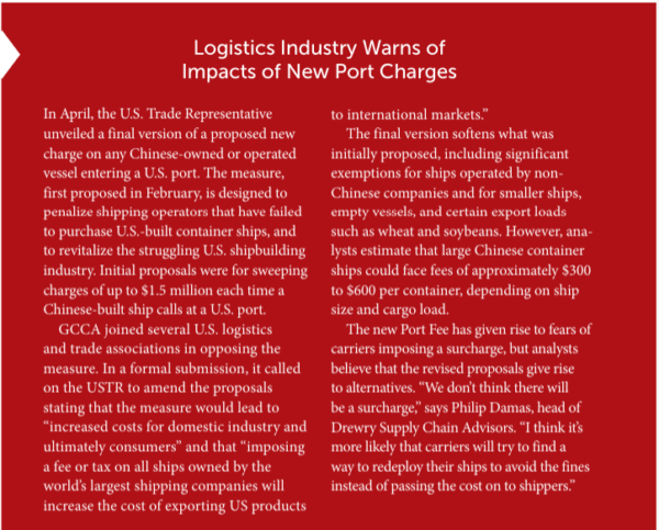 red text box with information on the logistics industry and impacts of new port charges