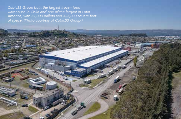 Cubic33 Group built the largest frozen food warehouse in Chile and one of the largest in Latin America, with 37,000 pallets and 323,000 square feet of space. (Photo courtesy of Cubic33 Group.)