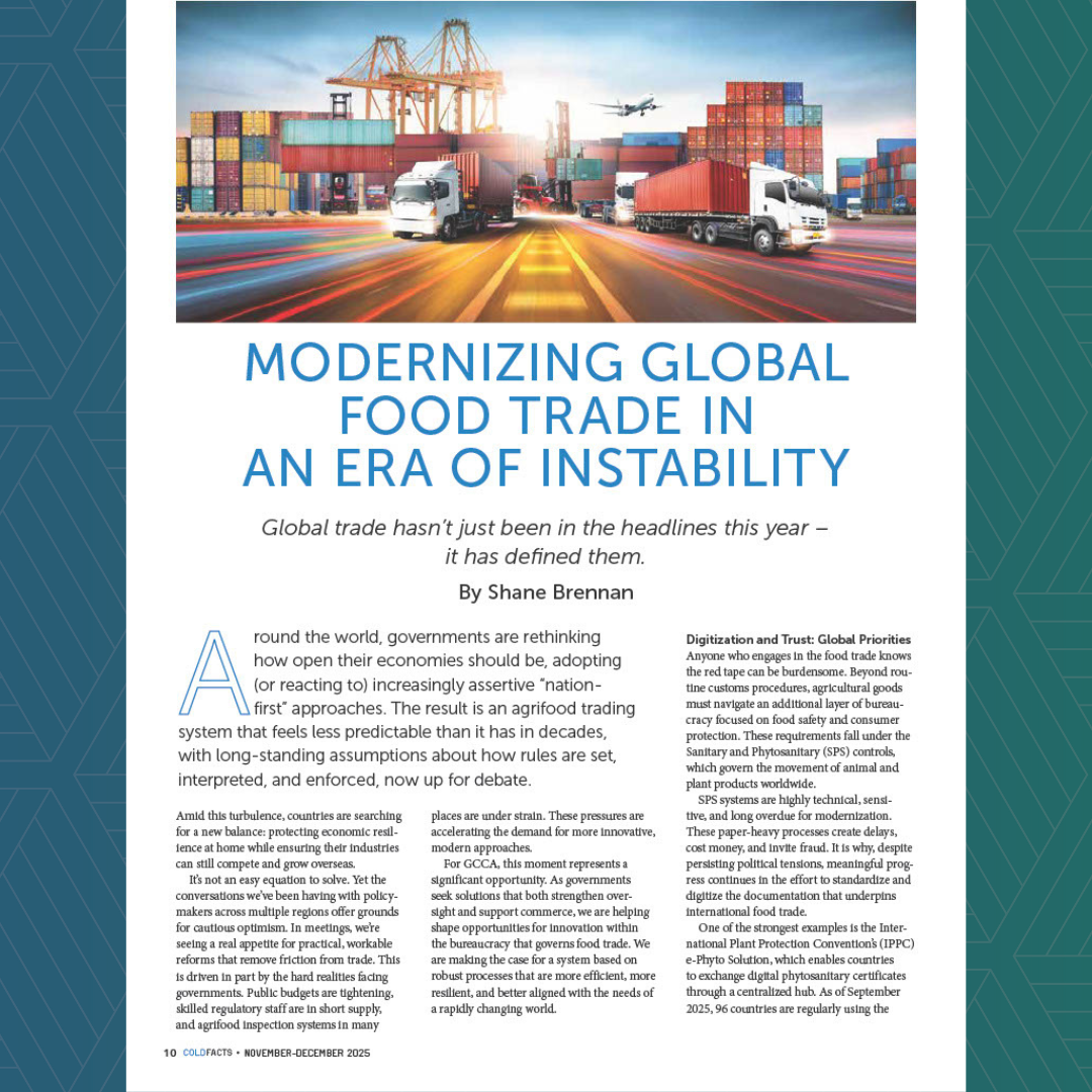 Global cold chain logistics warehouse and digital food safety certification process.