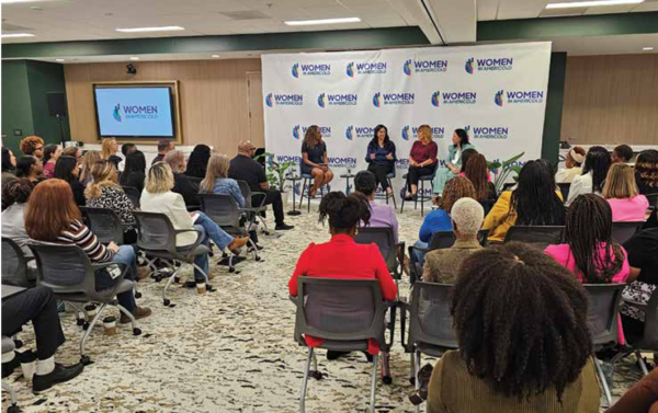 Americold leaders Poonam Patel, Chris Rush, and Anita Nanda sit on Women in Americold’s inaugural panel discussion, “Own Your Path,” an internal event focused on empowering and connecting all associates. (Photo courtesy of Americold.)