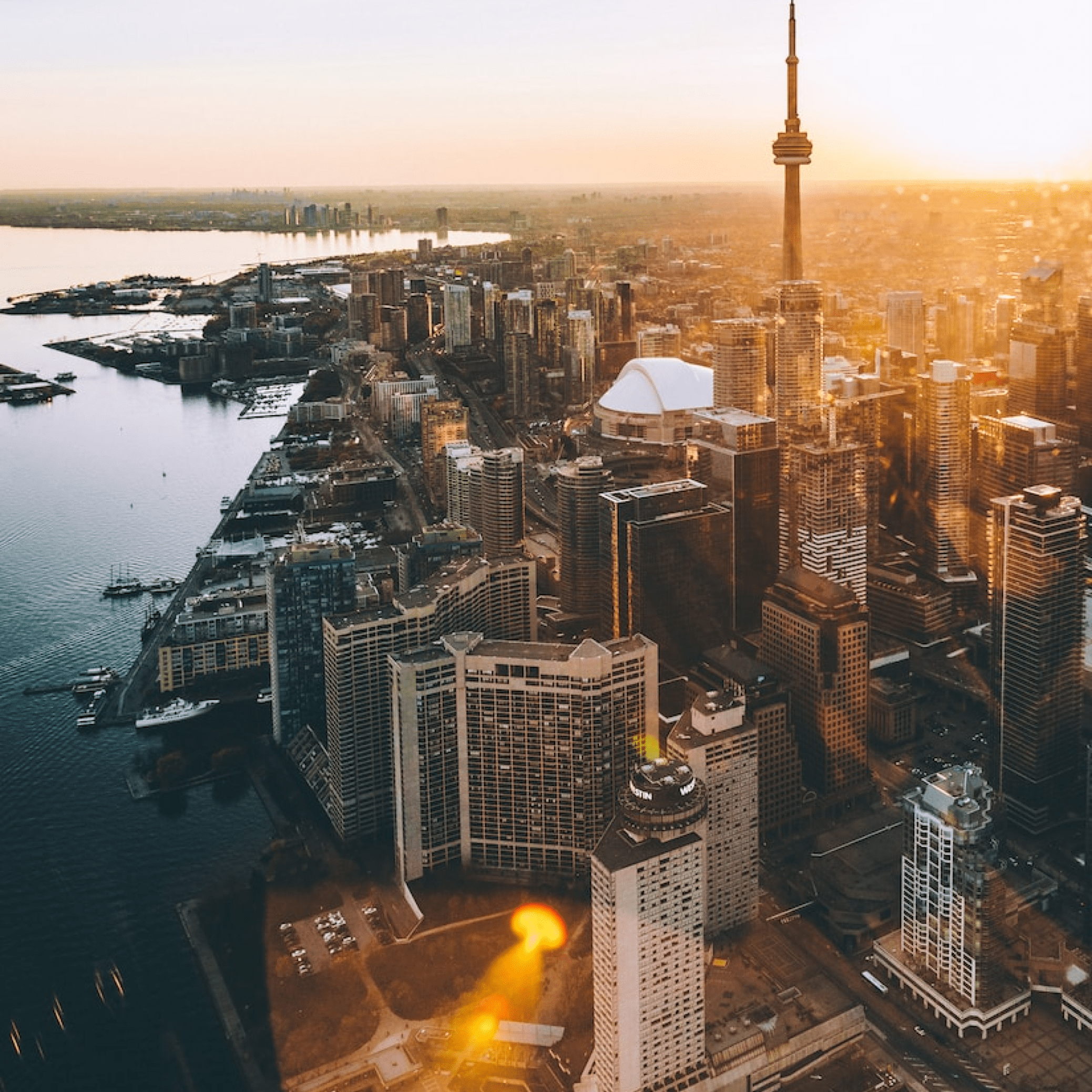 Aerial view of Toronto's CN Tower and the surrounding city